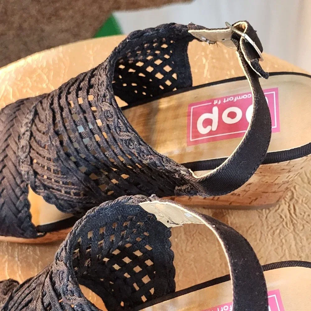 Womens Black Wedge Sandals Cork‎ Heel Woven Braided Open Toe